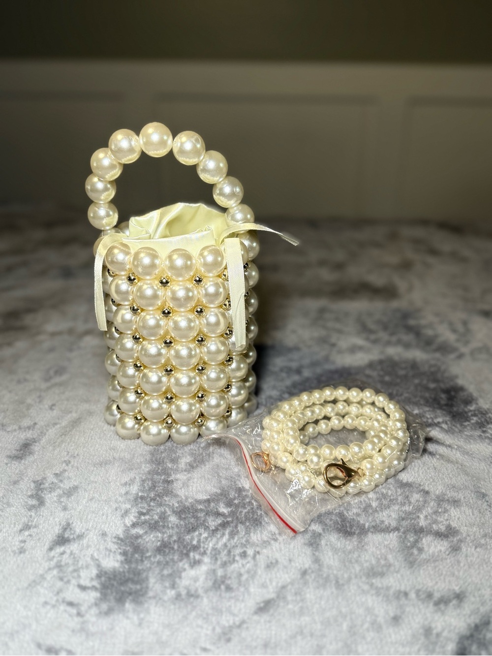 Pearl Beaded Small Bucket Bag with Removable Strap - Cream